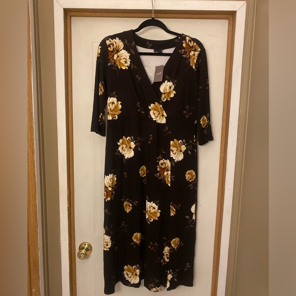 J. Jill Wearever Rural Roses Faux Wrap Midi Dress in Espresso